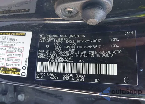 2021 Toyota 4Runner Sr5 from USA, damaged, VIN JTEMU5JR4M5930939